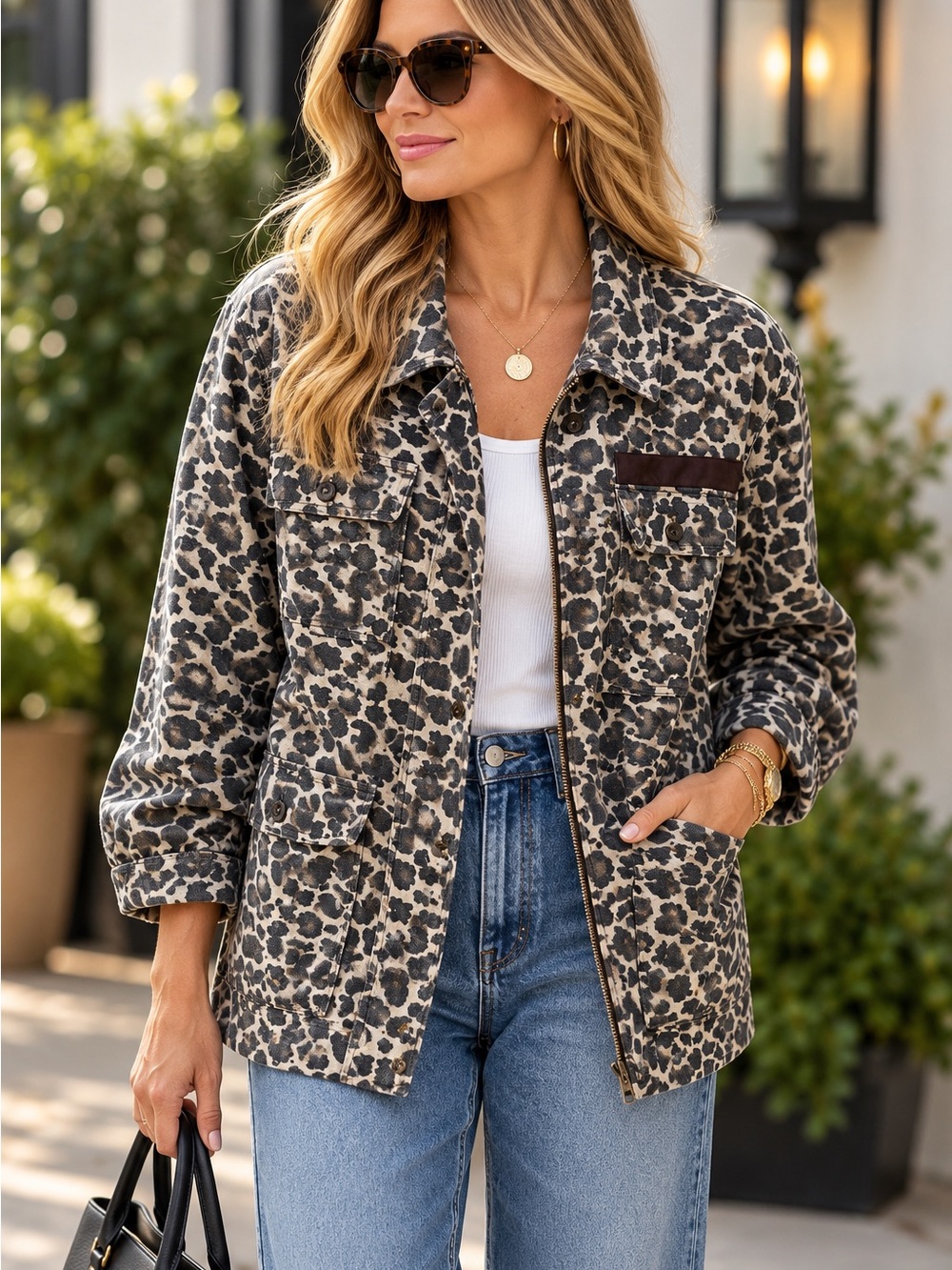 By Together Leopard Print Utility Jacket - Beige/Black 100% cotton size S/M